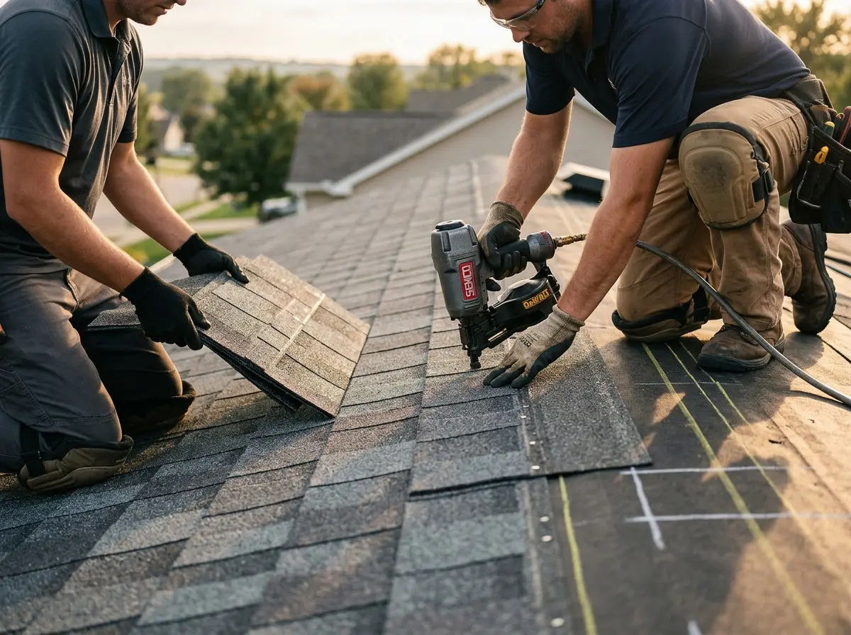 Professional roofer working on a residential roof in Pleasant Valley